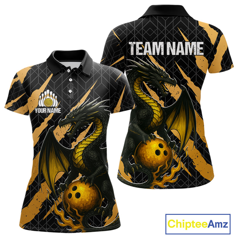 Black and Gold Dragon Bowling Polo, Quarter Zip Shirts for Women Custom Bowling Outfit Team jersey NQS10037