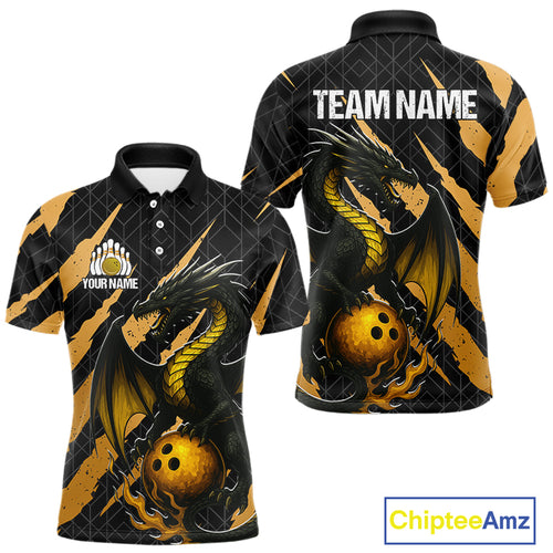 Black and Gold Dragon Bowling Polo, Quarter Zip Shirts for Men Custom Bowling Outfit Team jersey NQS10037