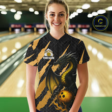Load image into Gallery viewer, Black and Gold Dragon Bowling Polo, Quarter Zip Shirts for Women Custom Bowling Outfit Team jersey NQS10037