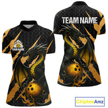 Load image into Gallery viewer, Black and Gold Dragon Bowling Polo, Quarter Zip Shirts for Women Custom Bowling Outfit Team jersey NQS10037