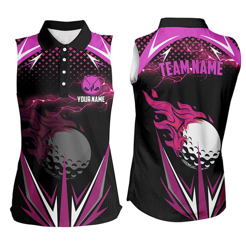 Black Women sleeveless polo shirts custom pink fire lightning team golf jerseys, ladies golf attire NQS7943