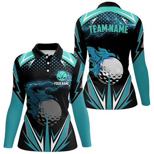 Black Womens golf polo shirts custom Cyan Blue fire lightning team golf jersey, golf attire for ladies NQS7944
