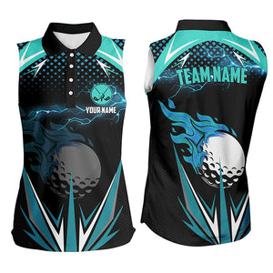 Black Women sleeveless polo shirt custom Cyan Blue fire lightning team golf jersey, ladies golf attire NQS7944