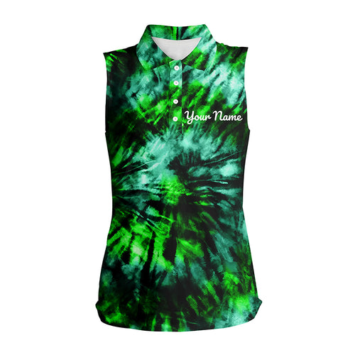 Women Sleeveless polo shirt custom green black tie dye women's golf attire, lady golf wear NQS6027