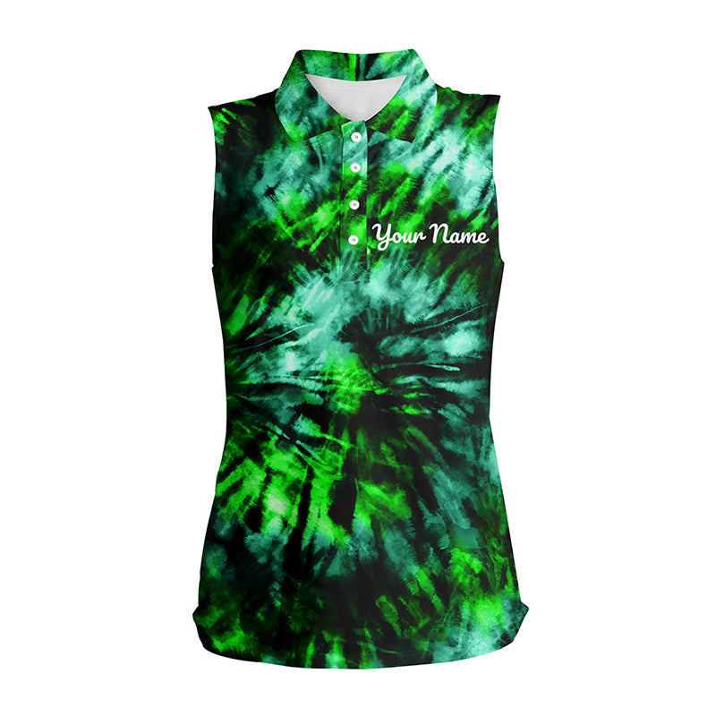 Women Sleeveless polo shirt custom green black tie dye women's golf attire, lady golf wear NQS6027