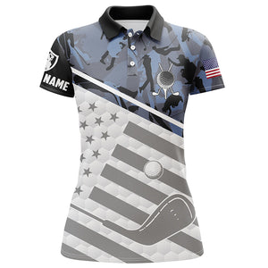 Womens golf polos shirts custom name blue camo American flag patriotic lady golf clothes NQS6029