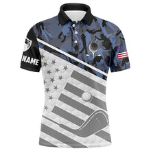 Load image into Gallery viewer, Mens golf polo shirts custom name blue camo American flag patriotic golf apparel for men NQS6029