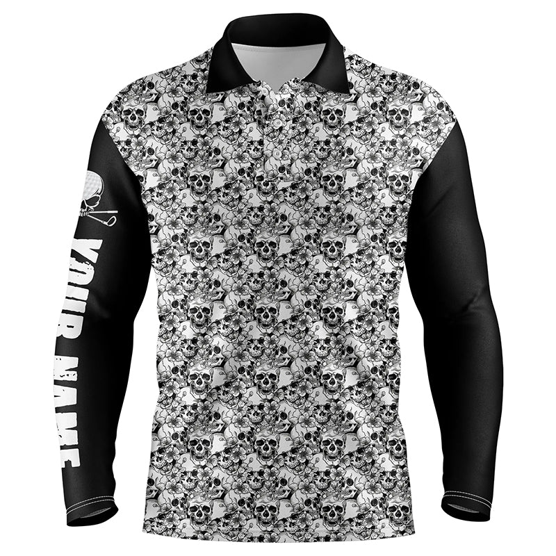 Black and white Mens golf polo shirts custom name skull pattern men's golf outfit NQS6030