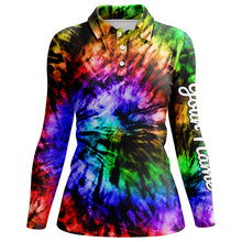 Load image into Gallery viewer, Womens golf polo shirts custom colorful rainbow black tie dye women&#39;s golf attire, apparel for ladies NQS6032