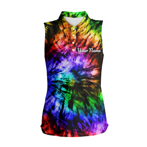 Women Sleeveless polo shirt custom colorful rainbow black tie dye women's golf attire, lady golf wear NQS6032