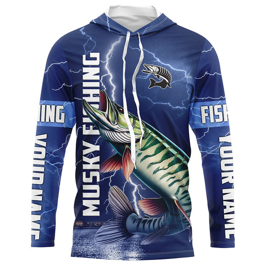 Musky Fishing blue lightning jerseys custom performance Long Sleeve Muskie tournament fishing shirts NQS8146