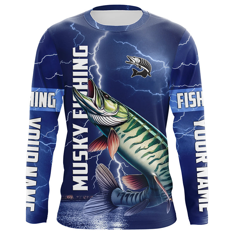 Musky Fishing blue lightning jerseys custom performance Long Sleeve Muskie tournament fishing shirts NQS8146