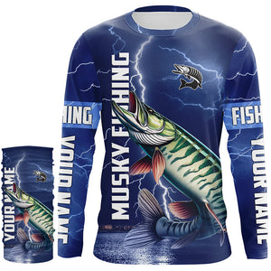 Musky Fishing blue lightning jerseys custom performance Long Sleeve Muskie tournament fishing shirts NQS8146