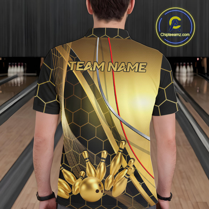 Custom Black and Gold Bowling Polo, Quarter Zip Shirts For Men, Bowling Team League Jersey NQS10346