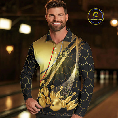 Custom Black and Gold Bowling Polo, Quarter Zip Shirts For Men, Bowling Team League Jersey NQS10346