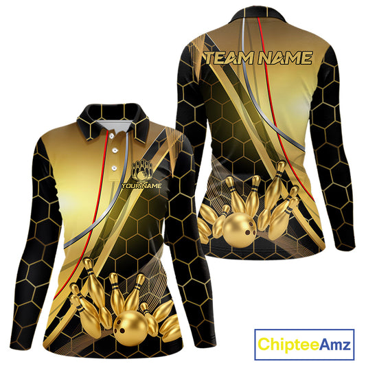 Custom Black and Gold Bowling Polo, Quarter Zip Shirts For Women, Bowling Team League Jersey NQS10346