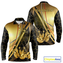 Load image into Gallery viewer, Custom Black and Gold Bowling Polo, Quarter Zip Shirts For Men, Bowling Team League Jersey NQS10346