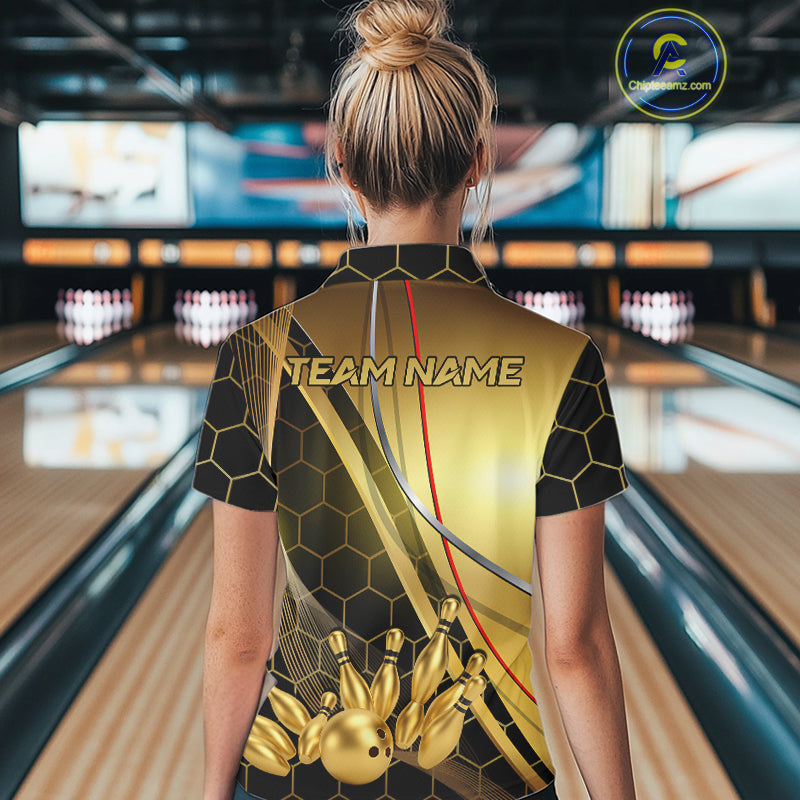 Custom Black and Gold Bowling Polo, Quarter Zip Shirts For Women, Bowling Team League Jersey NQS10346