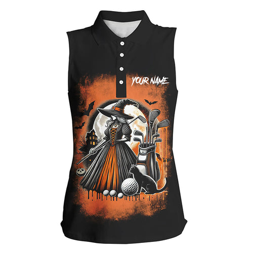 Black and Orange Witch golf Women sleeveless golf polo shirt custom Halloween golf tank women NQS8377