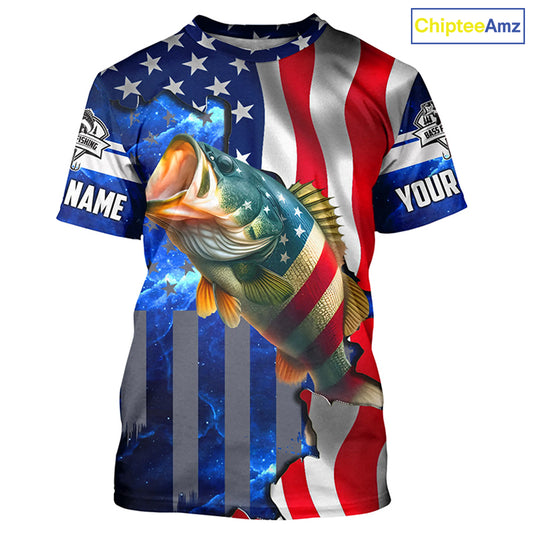 Bass Fishing American Flag patriotic UV protection Custom name long sleeves shirt NQS926
