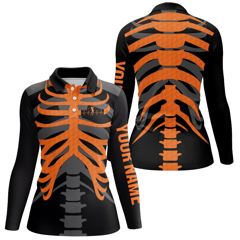 Black and orange Women Golf Polo Shirt custom golf heartbeat Skeleton Halloween golf attire for women NQS8573