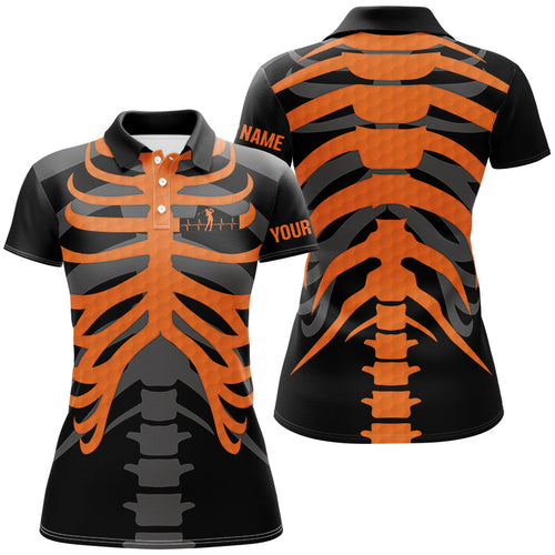 Black and orange Women Golf Polo Shirt custom golf heartbeat Skeleton Halloween golf attire for women NQS8573