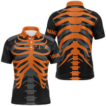 Load image into Gallery viewer, Black and orange Mens golf polo shirts custom golf heartbeat Skeleton Halloween golf attire for men NQS8573