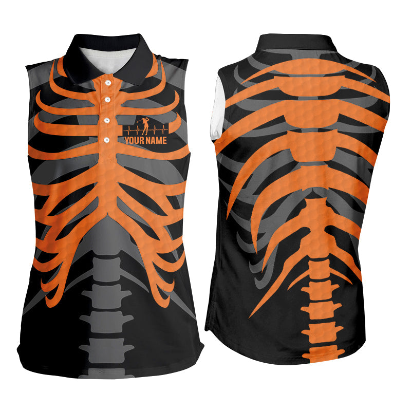 Black and orange Women sleeveless Polo Shirt custom golf Skeleton Halloween golf attire for women NQS8573