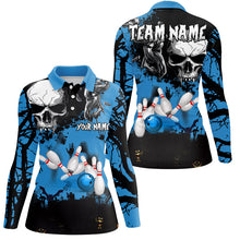 Load image into Gallery viewer, Skull Bowling Shirts For Women Custom Halloween Bowling Team League Jerseys, Gift For Bowlers | Blue NQS8578