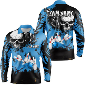 Skull Bowling Shirts For men Custom Halloween Bowling Team League Jerseys, Gift For Bowlers | Blue NQS8578