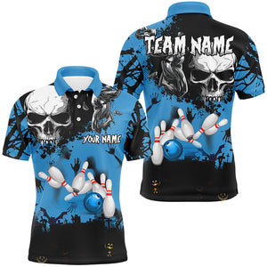 Skull Bowling Shirts For men Custom Halloween Bowling Team League Jerseys, Gift For Bowlers | Blue NQS8578