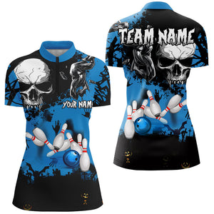 Skull Bowling Shirts For Women Custom Halloween Bowling Team League Jerseys, Gift For Bowlers | Blue NQS8578