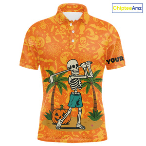 Funny orange Halloween pattern Skull Golf Polo Shirt For Men Custom golf clothes for men NQS10769