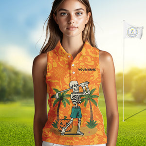 Funny orange Halloween pattern Skull Sleeveless Golf Polo Shirt Custom golf clothes for ladies NQS10769