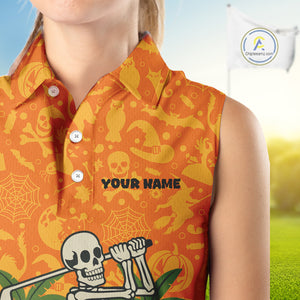 Funny orange Halloween pattern Skull Sleeveless Golf Polo Shirt Custom golf clothes for ladies NQS10769