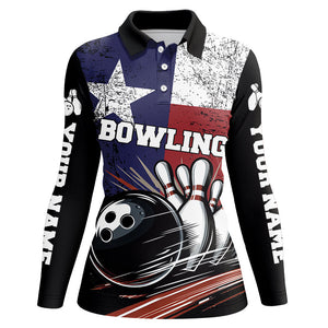 Grunge Texas Flag Retro Black Bowling Polo, Quarter Zip shirts for Women custom team bowling jersey NQS8829