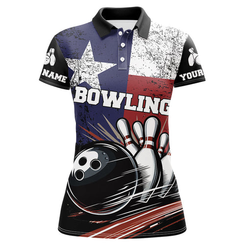 Grunge Texas Flag Retro Black Bowling Polo, Quarter Zip shirts for Women custom team bowling jersey NQS8829