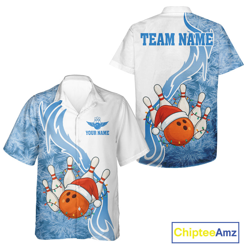 White and Blue Ice pattern Christmas Bowling Hawaiian shirts Custom Xmas Team button up bowling shirt NQS10967