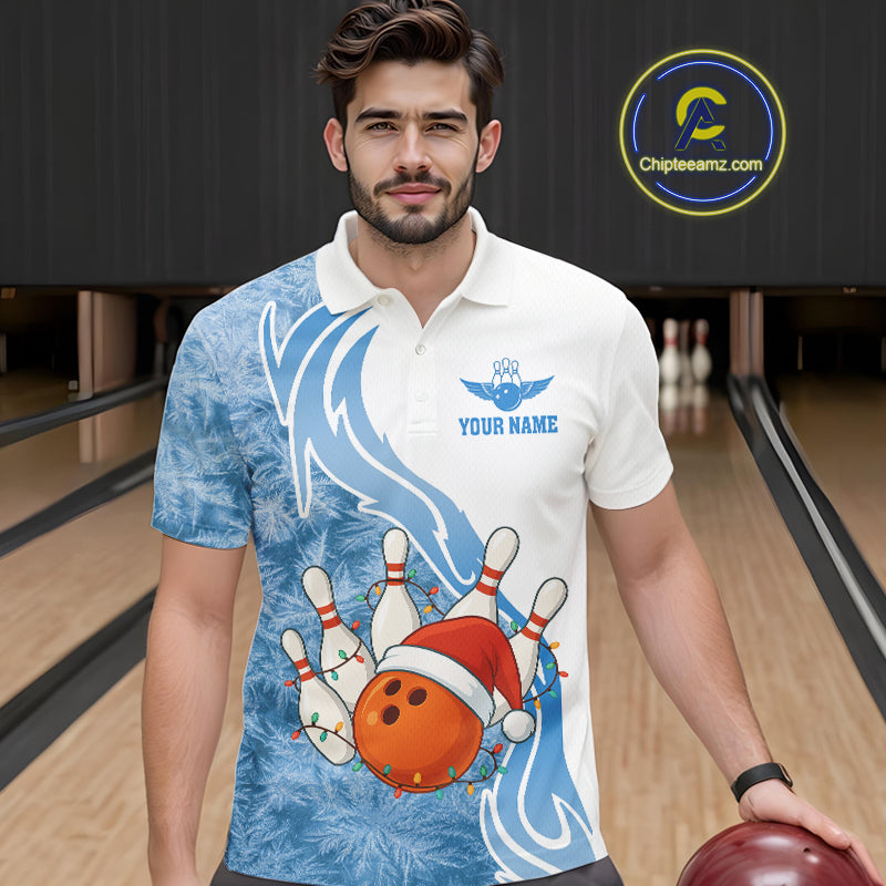 White and Blue Ice pattern Christmas Bowling shirts for men Custom Xmas Team bowling jerseys NQS10967