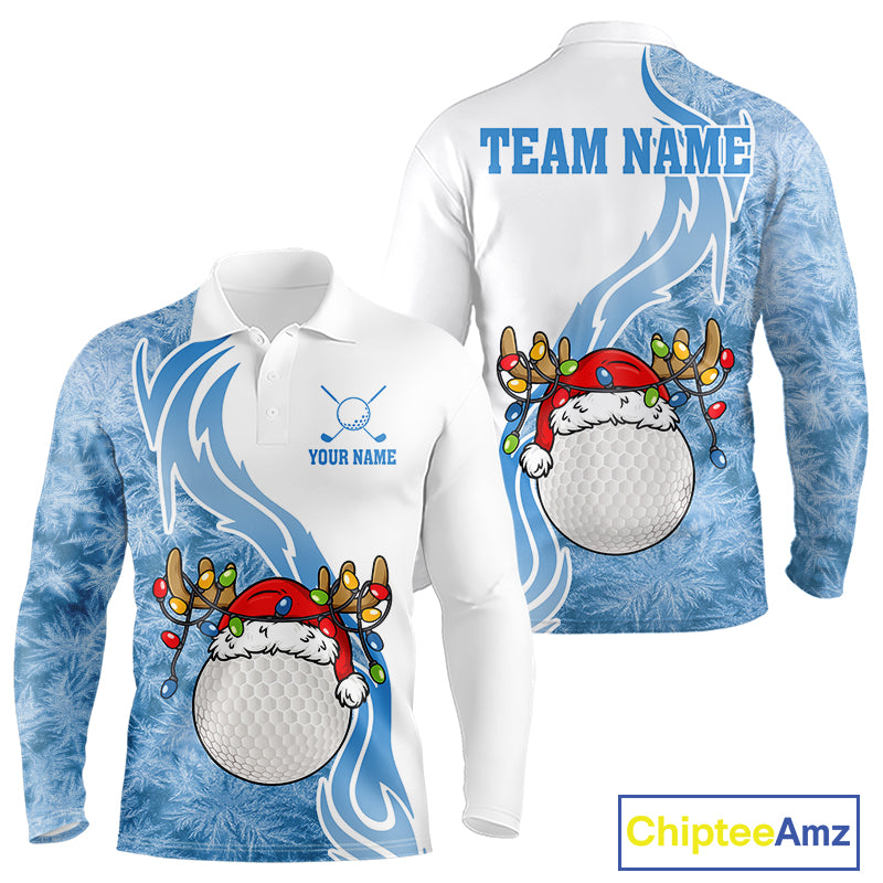 White and Blue Ice pattern Mens Christmas Golf Shirts Custom unique golf polos for men Xmas gifts NQS10968