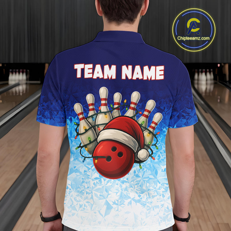 Blue Ice pattern Christmas Team Bowling Polo, Quarter Zip shirts for men Custom Xmas bowling gifts NQS10969