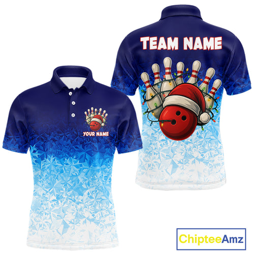Blue Ice pattern Christmas Team Bowling Polo, Quarter Zip shirts for men Custom Xmas bowling gifts NQS10969
