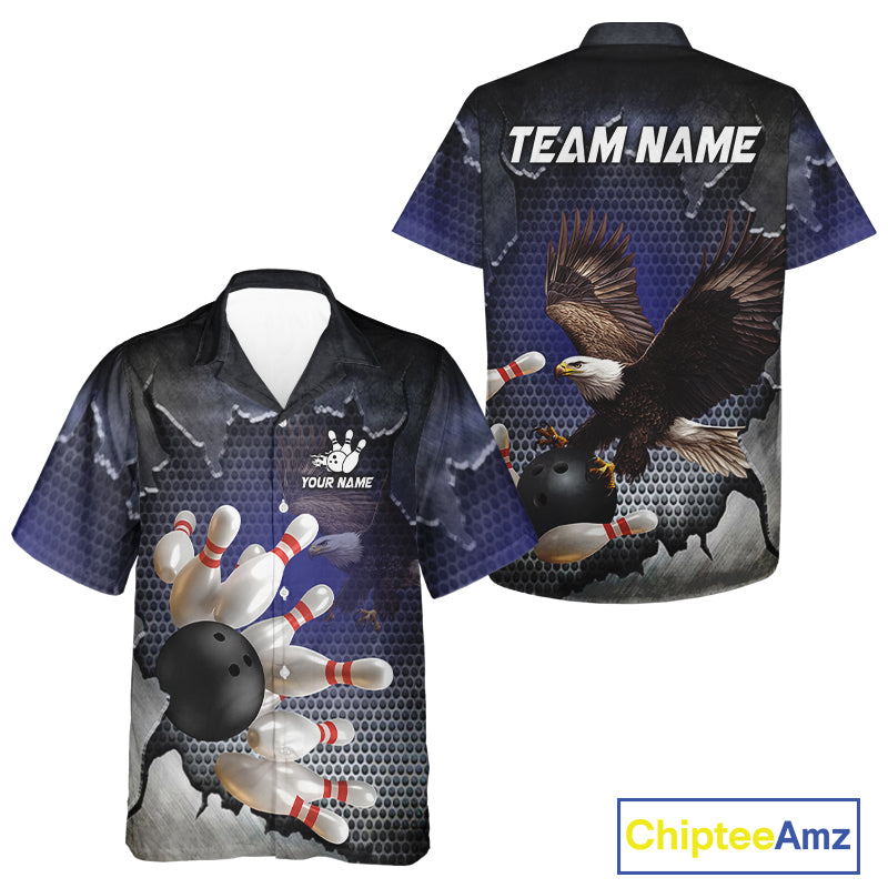 Eagle Bowling Hawaiian Shirts Custom Team Bowling Button-up shirt, gift for bowlers | Blue NQS10972