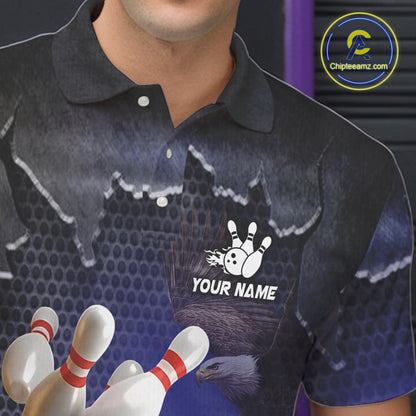 Eagle Bowling Polo, Quarter Zip Shirts for Men Custom Team Bowling jerseys, gift for bowlers | Blue NQS10972