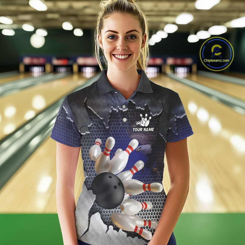 Eagle Bowling Polo, Quarter Zip Shirts for Women Custom Team Bowling jerseys, gift for bowlers | Blue NQS10972