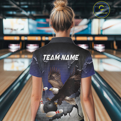 Eagle Bowling Polo, Quarter Zip Shirts for Women Custom Team Bowling jerseys, gift for bowlers | Blue NQS10972