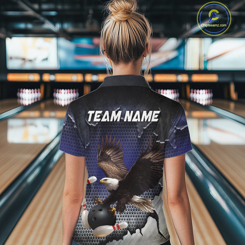 Eagle Bowling Polo, Quarter Zip Shirts for Women Custom Team Bowling jerseys, gift for bowlers | Blue NQS10972