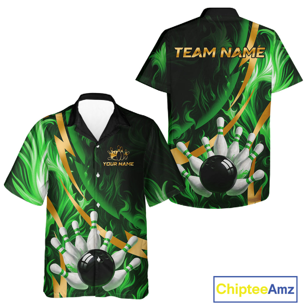 Personalized Bowling Hawaiian Shirt Custom Green Flame and Gold Bowling Team Button Up Shirt NQS11145