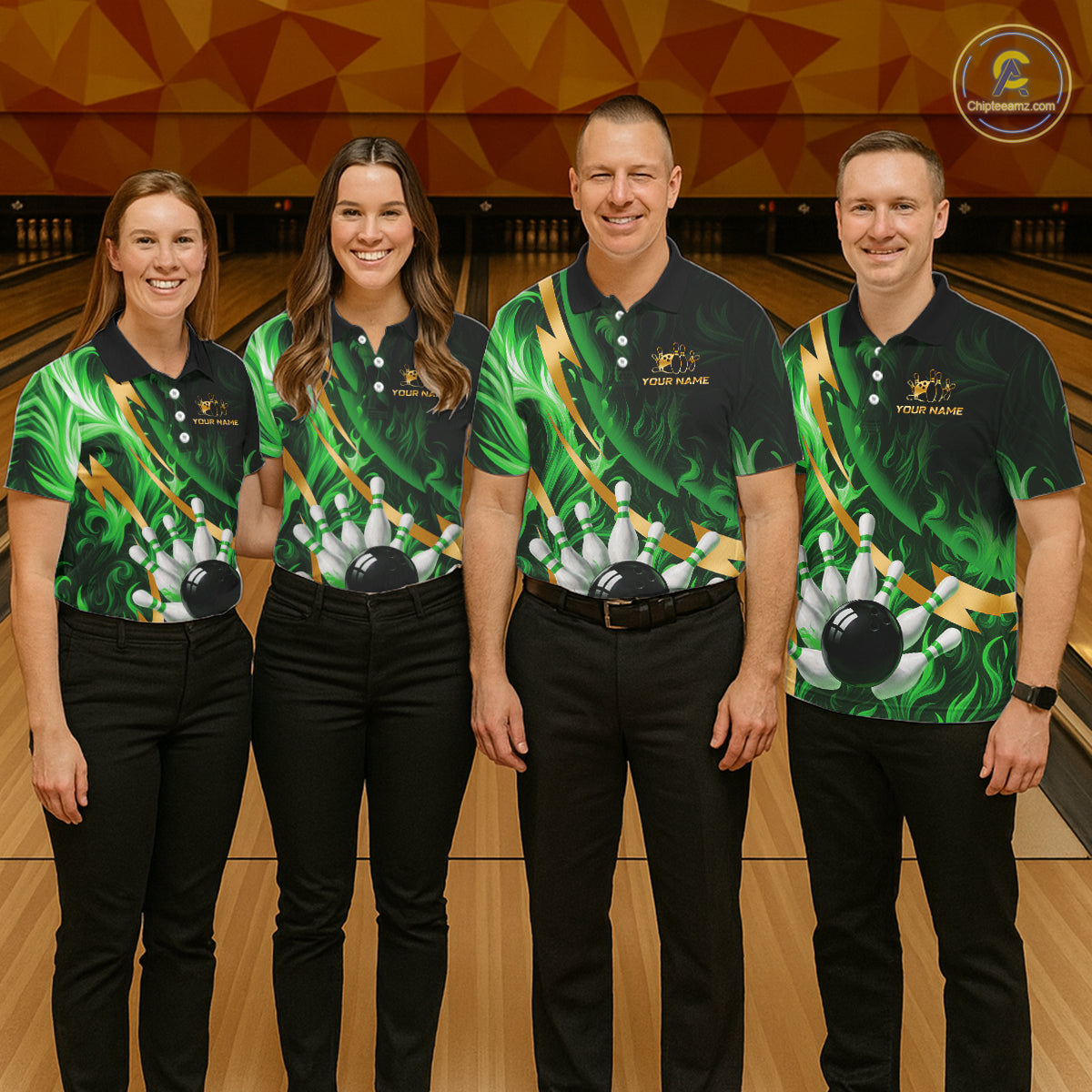 Personalized Bowling Polo, Quarter Zip Shirts for Women Custom Green Flame & Gold Bowling Team Jersey NQS11145