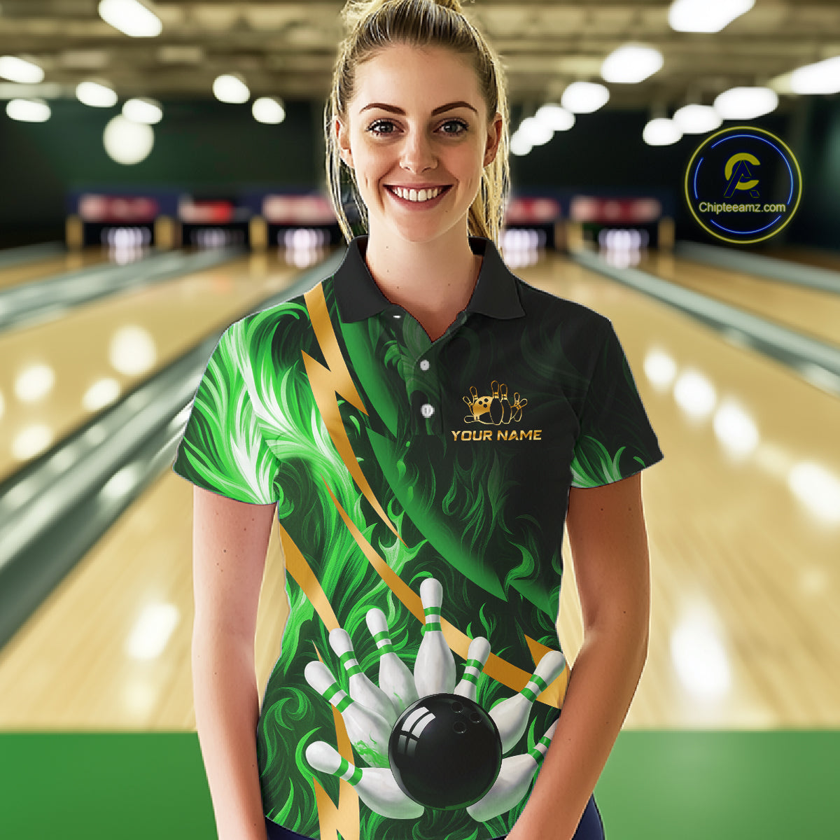 Personalized Bowling Polo, Quarter Zip Shirts for Women Custom Green Flame & Gold Bowling Team Jersey NQS11145